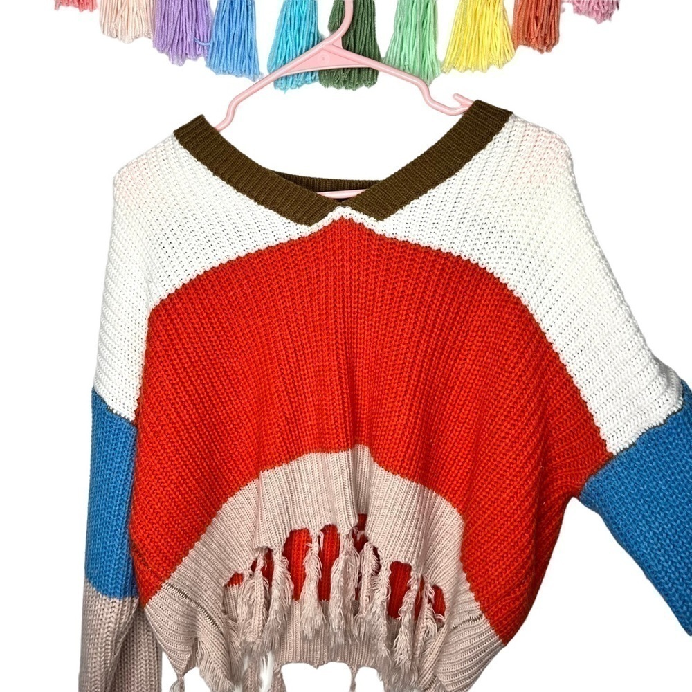 Shein V-Neck Colorblock Blue Orange Drop Shoulder Fringe Hem Sweater Size Medium - Picture 7 of 16